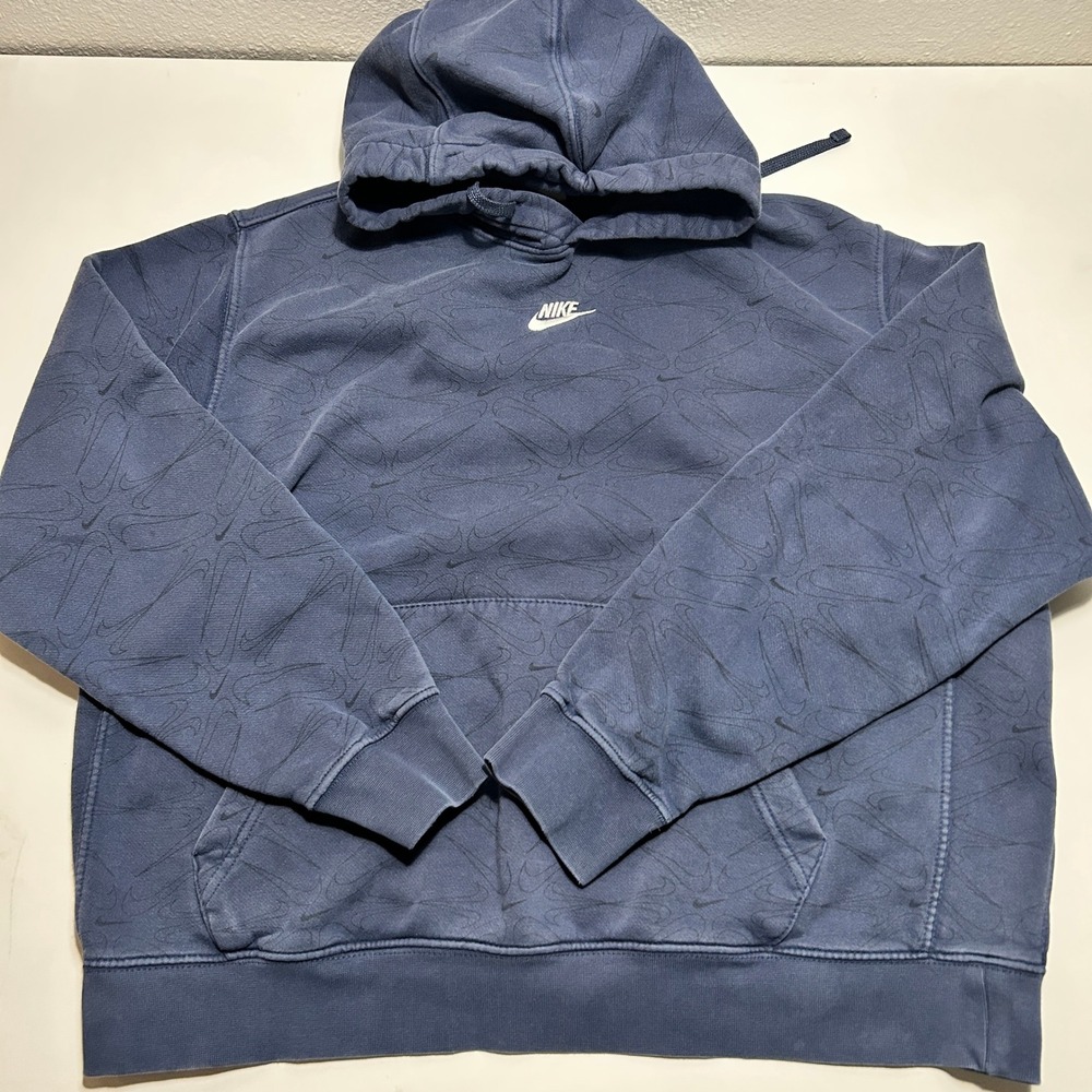 Nike Mens Swoosh All Over Print Hoodie Navy Blue Pullover Sweatshirt Large